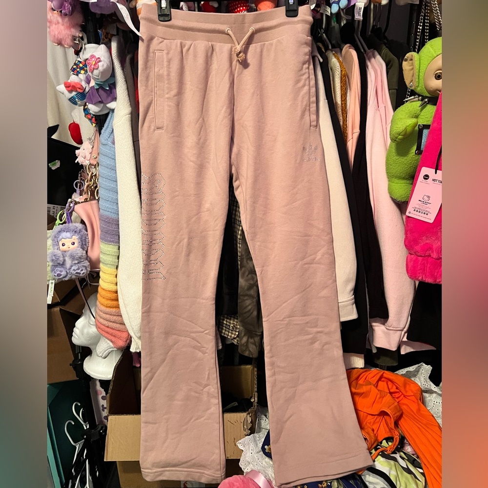 Bling Adidas Beige Flared Sweats with Diamond Gem Logo